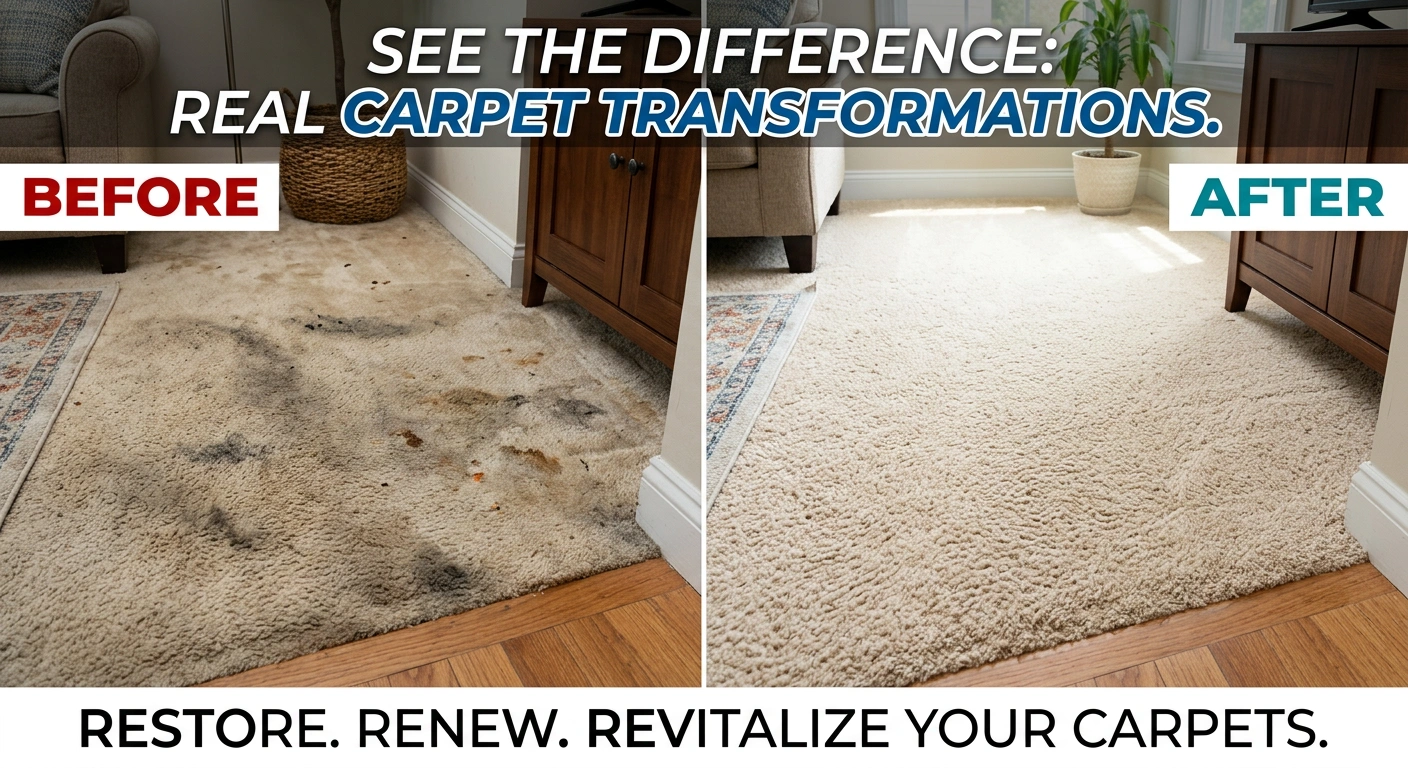 Carpet cleaning in Abu Dhabi. Before and after comparison showing stained carpet restored to clean, fresh condition.