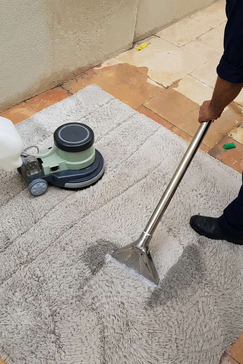 Carpet cleaning in Abu Dhabi. Technician using steam extraction wand and rotary machine on a white rug outdoors.