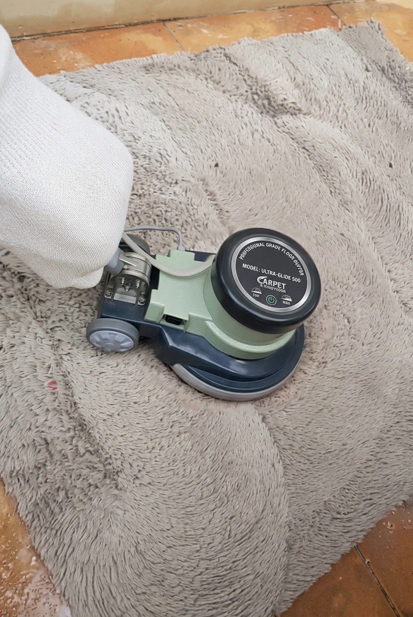 Carpet cleaning in Abu Dhabi with technician using extraction wand on a white rug
