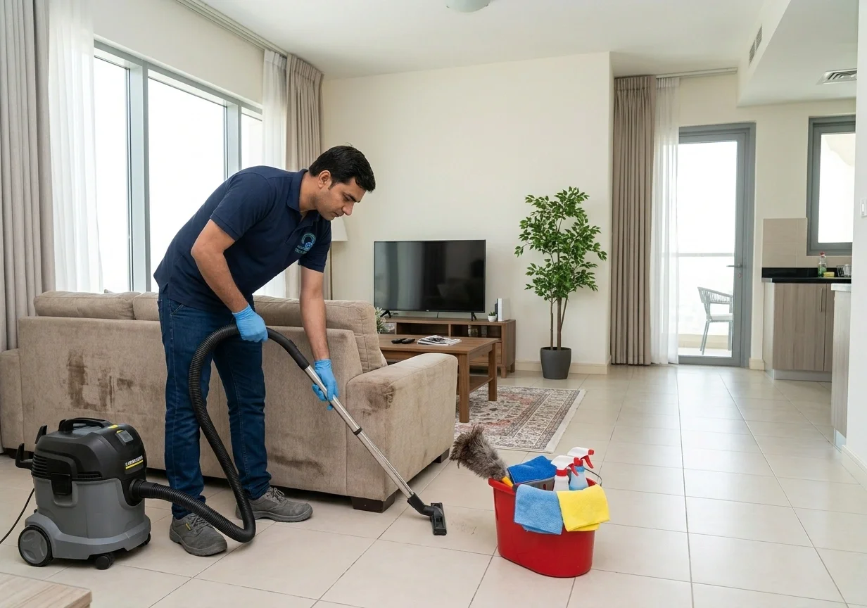 Professional male cleaner vacuuming a living room during deep cleaning service in Silicon Oasis Dubai