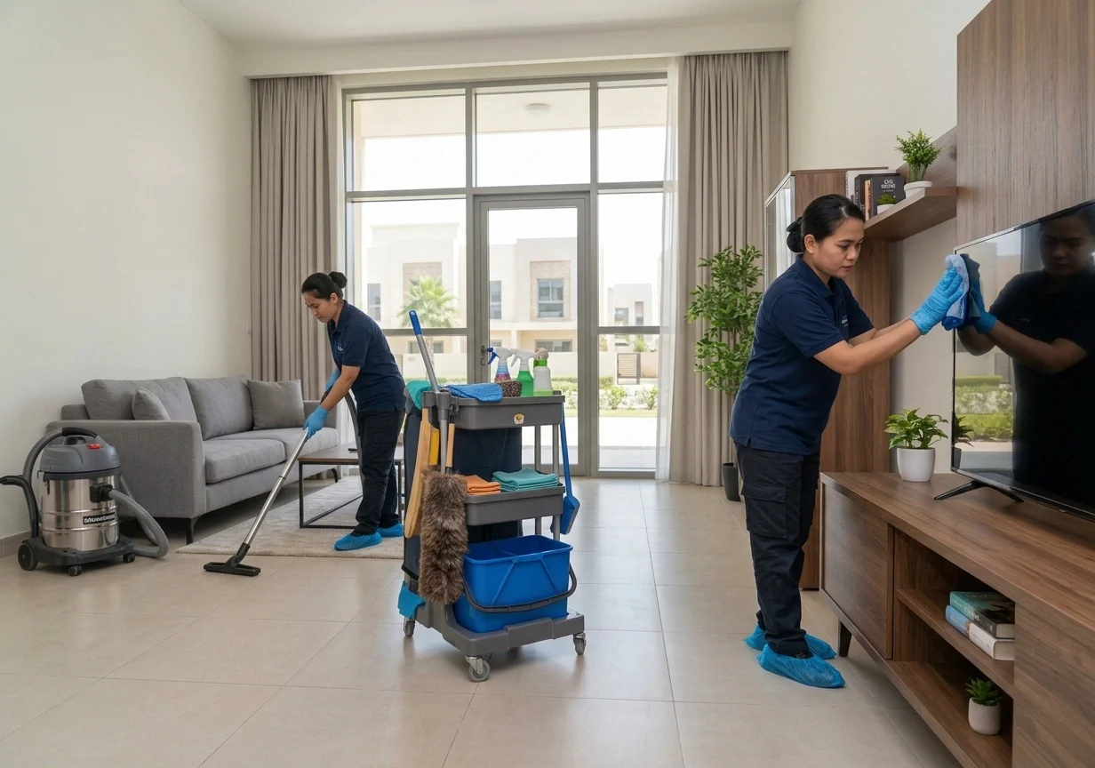 Two professional female cleaners providing residential cleaning services in Silicon Oasis Dubai